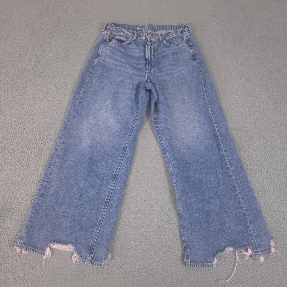 American Eagle Jeans Womens 12 Short Blue Super High Rise Baggy Wide Leg Raw Hem